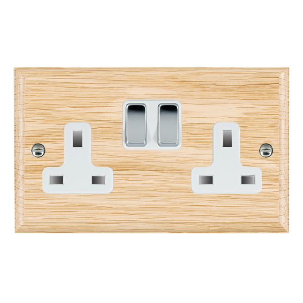 Woods Ovolo Light Oak 2 gang 13A Double Pole Switched Socket Bright Chrome/White