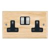 Woods Ovolo Light Oak 2 gang 13A Double Pole Switched Socket Satin Chrome/Black
