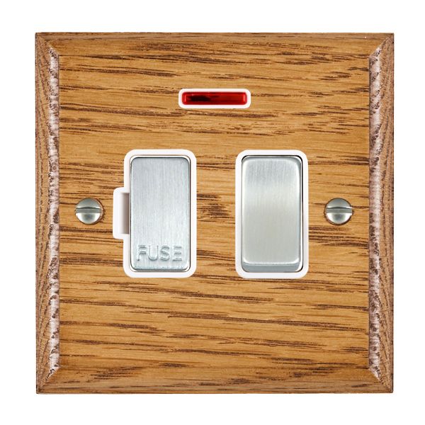 Woods Ovolo Medium Oak 1 gang 13A Double Pole Fused Spur and Neon Satin Chrome/White